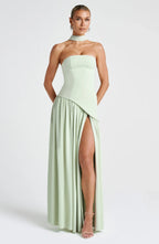 Womens Strapless Corset Maxi Dress with High Slit and Scarf Drape