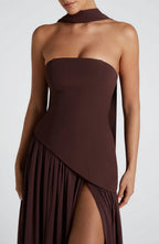 Womens Strapless Corset Maxi Dress with High Slit and Scarf Drape