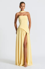 Womens Strapless Corset Maxi Dress with High Slit and Scarf Drape
