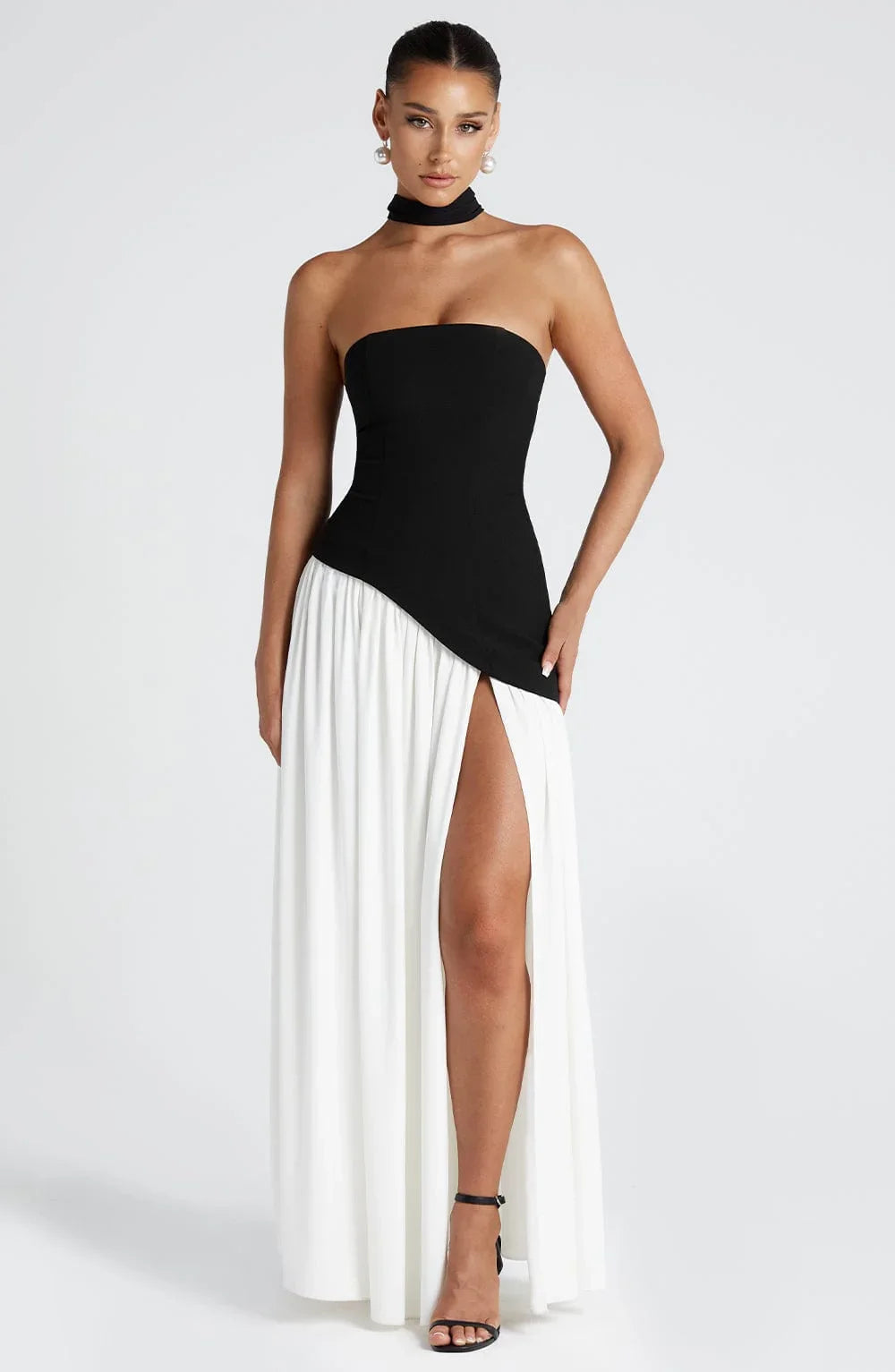 Womens Strapless Corset Maxi Dress with High Slit and Scarf Drape