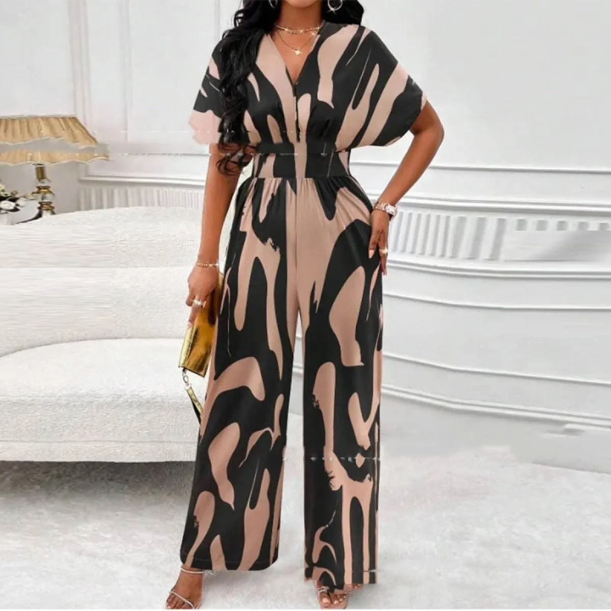 Women's V-Neck Button-Front Short Sleeve Jumpsuit