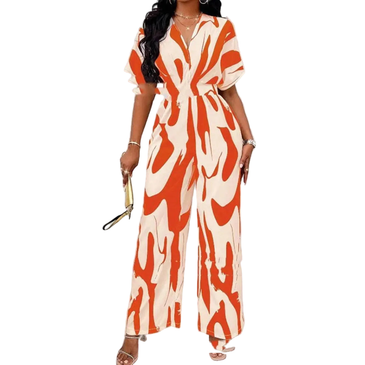 Women's V-Neck Button-Front Short Sleeve Jumpsuit