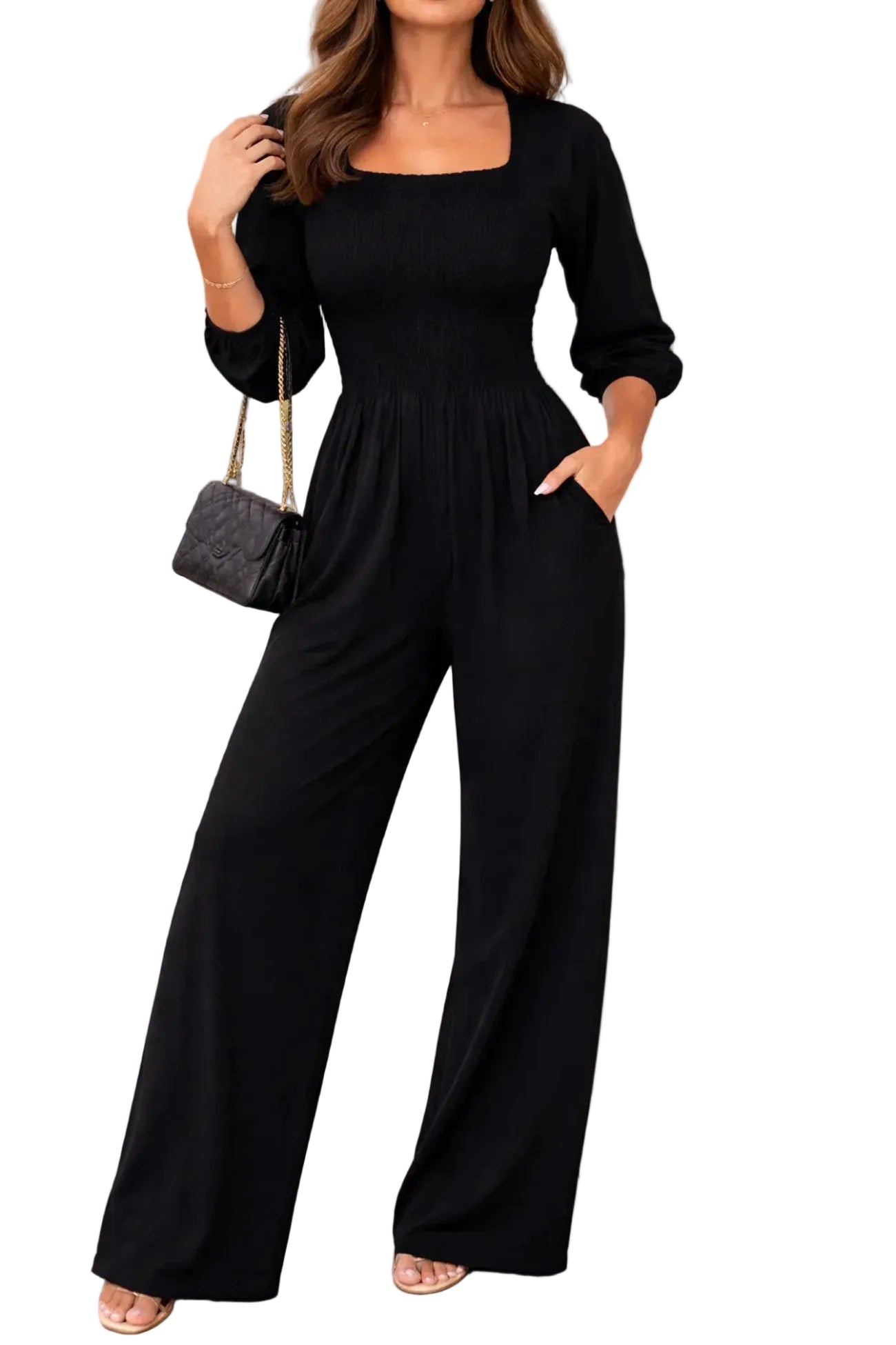 Women's Wide Leg Jumpsuit with Square Neckline