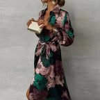 Womens Floral Maxi Shirt Dress with Waist Tie and Front Split