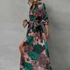 Womens Floral Maxi Shirt Dress with Waist Tie and Front Split
