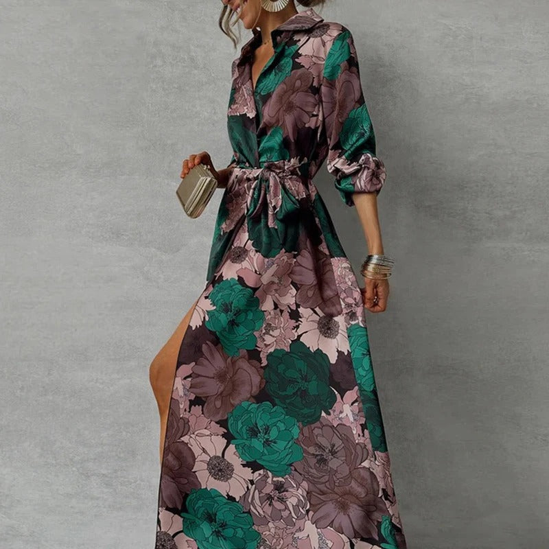 Womens Floral Maxi Shirt Dress with Waist Tie and Front Split