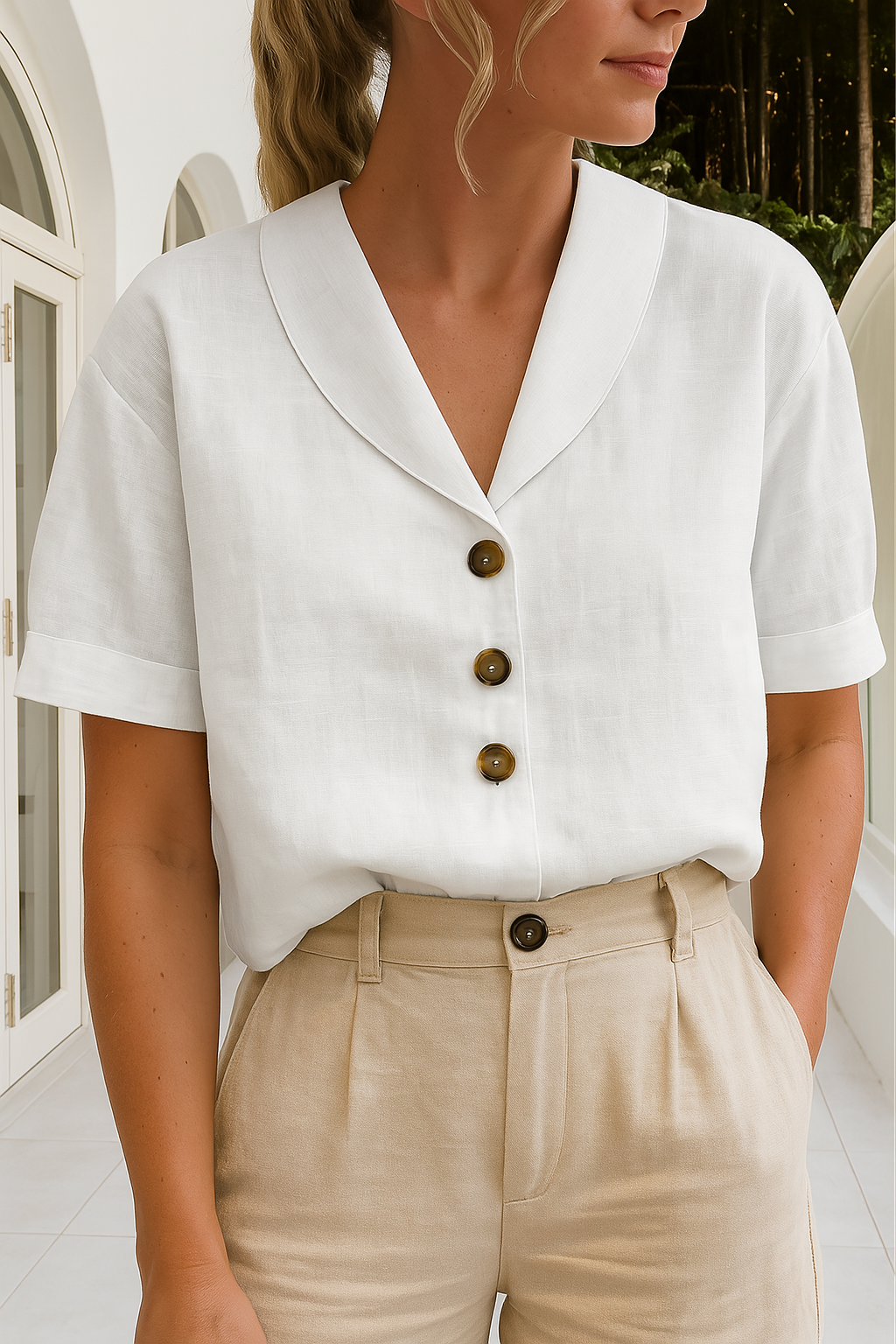 Womens Linen Blouse with Shawl Collar and Short Sleeves Button