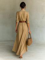 Womens Ruched Maxi Shirt Dress with Belt and Long Sleeves