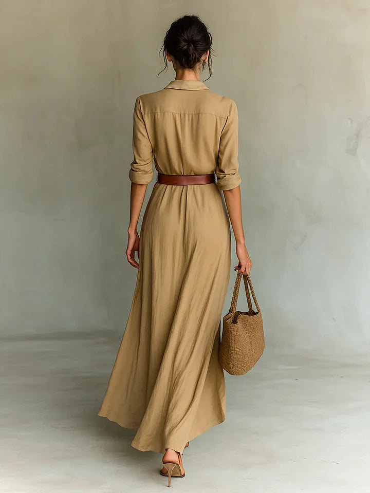 Womens Ruched Maxi Shirt Dress with Belt and Long Sleeves