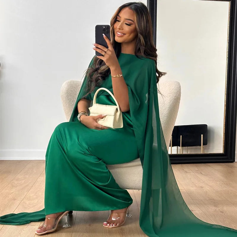 Womens Satin Cape Maxi Dress with Boat Neck Overlay