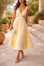 Womens Pleated V-Neck Midi Dress with Waist Cut-Out