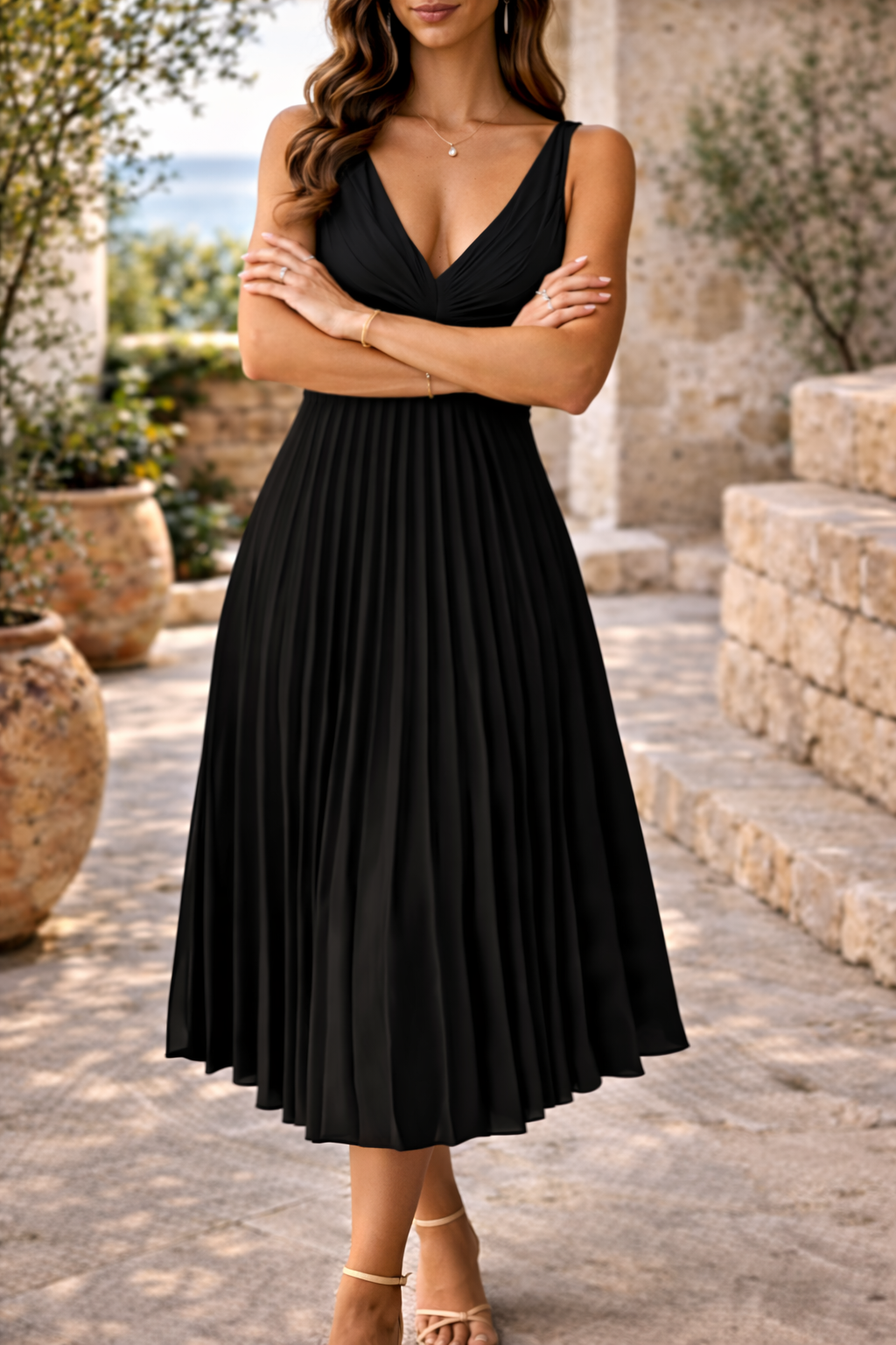 Womens Pleated V-Neck Midi Dress with Waist Cut-Out