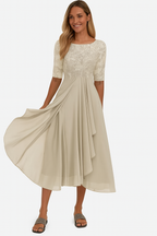 Womens Floral Lace Bodice Midi Dress with Layered Pleated Skirt