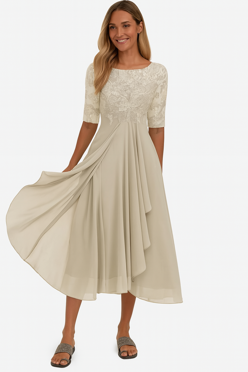Womens Floral Lace Bodice Midi Dress with Layered Pleated Skirt