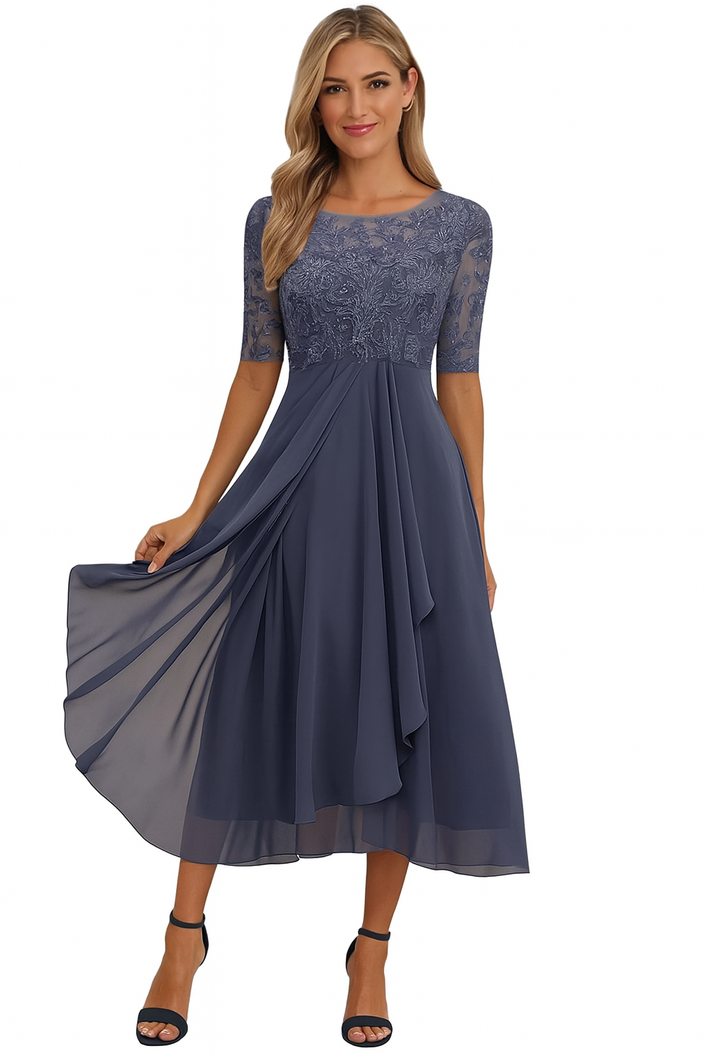 Womens Floral Lace Bodice Midi Dress with Layered Pleated Skirt