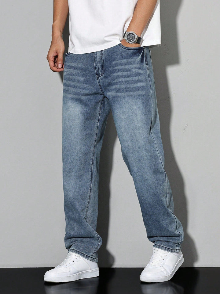 Mens Mid Rise Straight Leg Faded Wash Denim Jeans