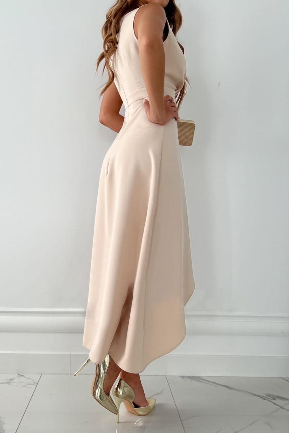 Womens Asymmetric Sleeveless Midi Wedding Guest Dress