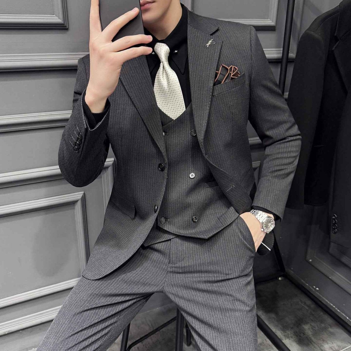 Men's Pinstripe Three Piece Slim Fit Suit