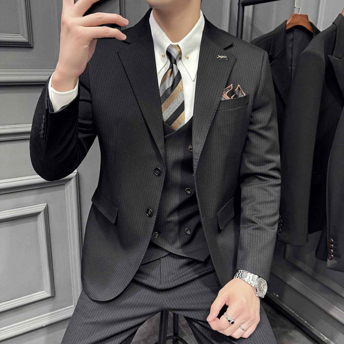 Men's Pinstripe Three Piece Slim Fit Suit