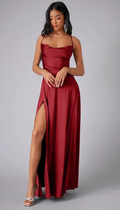 Womens Satin Cowl Neck Maxi Dress with Lace-Up Back
