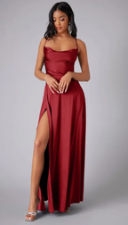 Womens Satin Cowl Neck Maxi Dress with Lace-Up Back