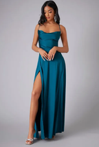 Womens Satin Cowl Neck Maxi Dress with Lace-Up Back