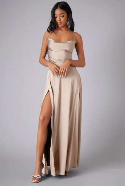 Womens Satin Cowl Neck Maxi Dress with Lace-Up Back