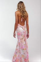 Womens Halter V Neck Backless Floral A Line Maxi Dress