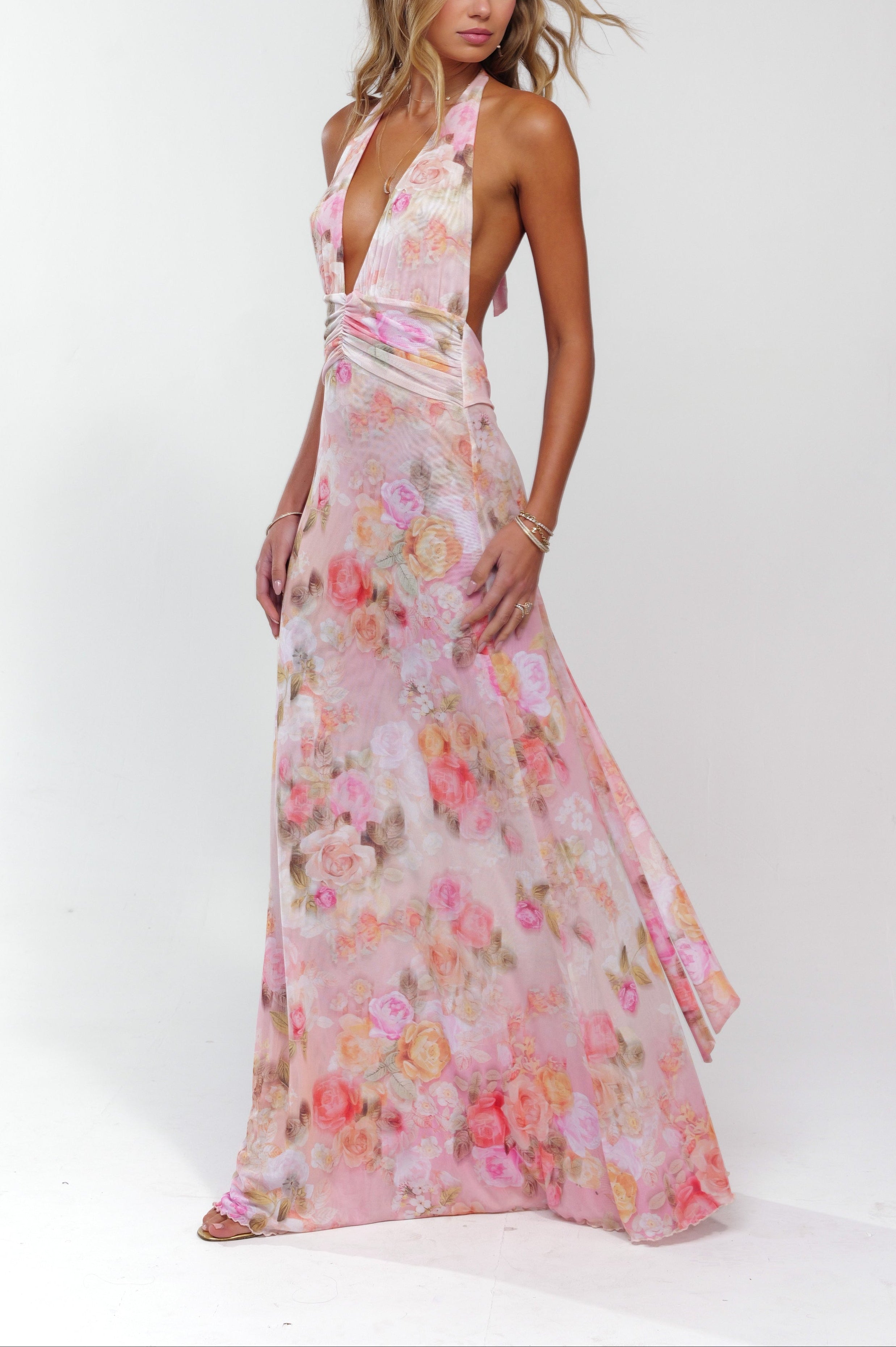 Womens Halter V Neck Backless Floral A Line Maxi Dress