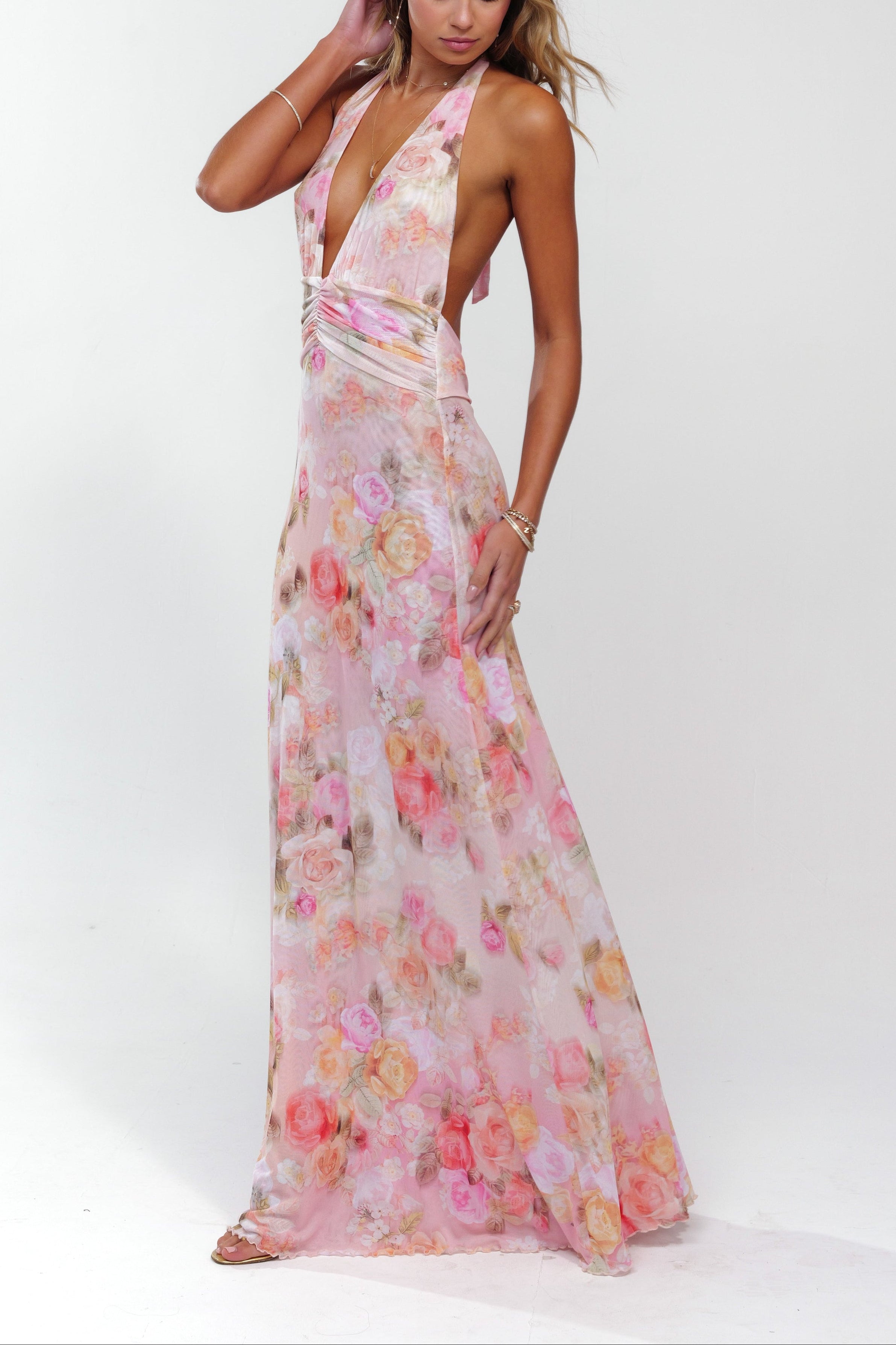 Womens Halter V Neck Backless Floral A Line Maxi Dress