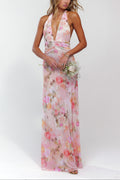 Womens Halter V Neck Backless Floral A Line Maxi Dress