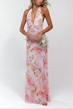 Womens Halter V Neck Backless Floral A Line Maxi Dress