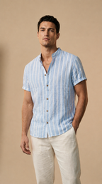 Men’s Linen Cotton Short Sleeve Stand Collar Shirt