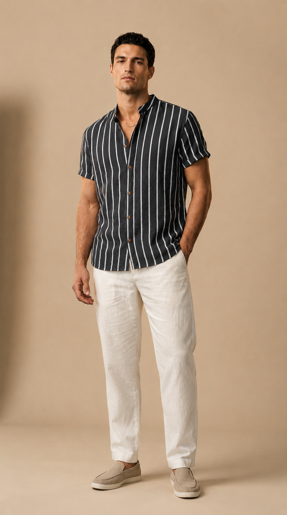 Men’s Linen Cotton Short Sleeve Stand Collar Shirt