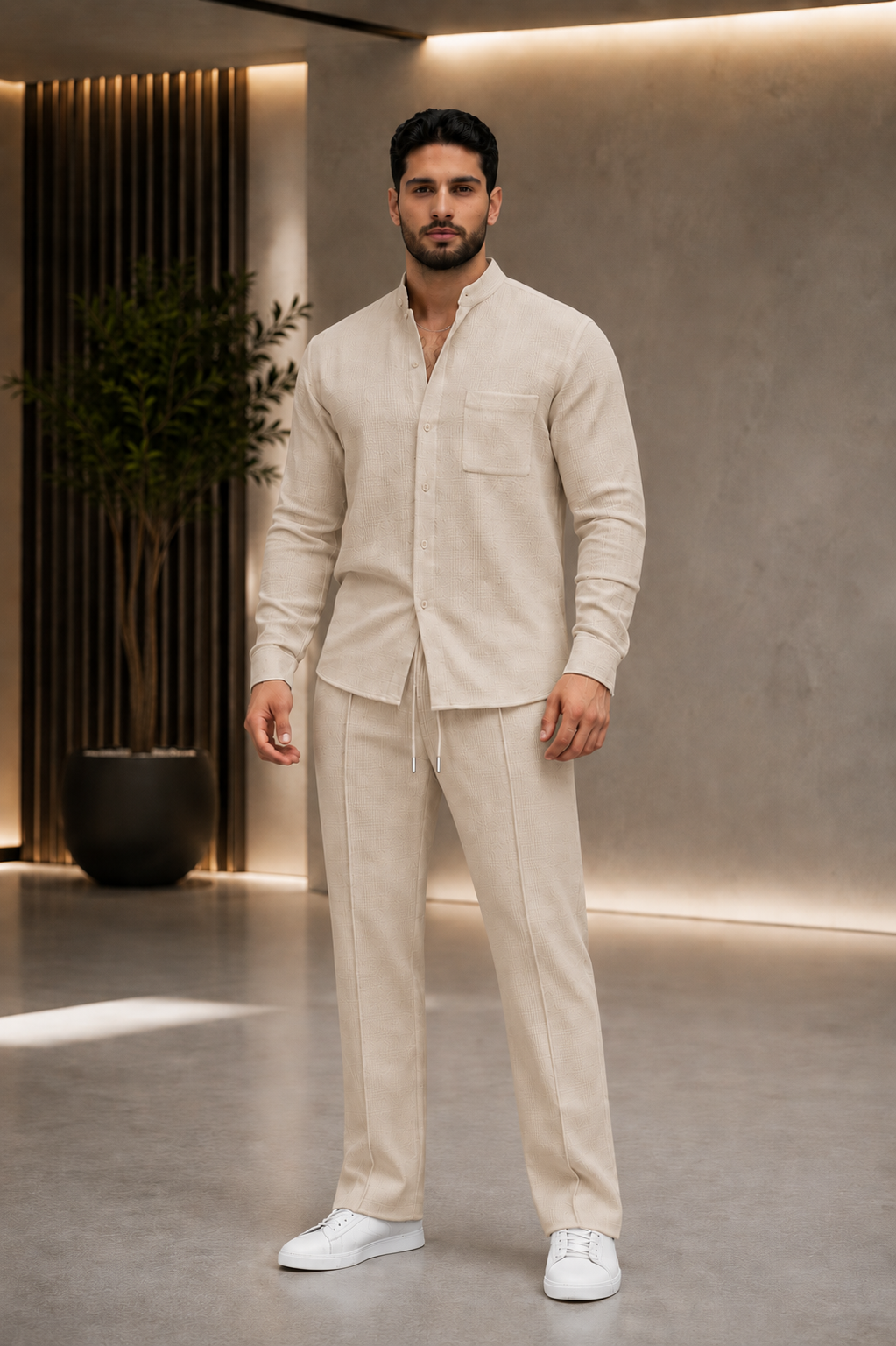 Men's Long Sleeve Shirt and Drawstring Trouser Set