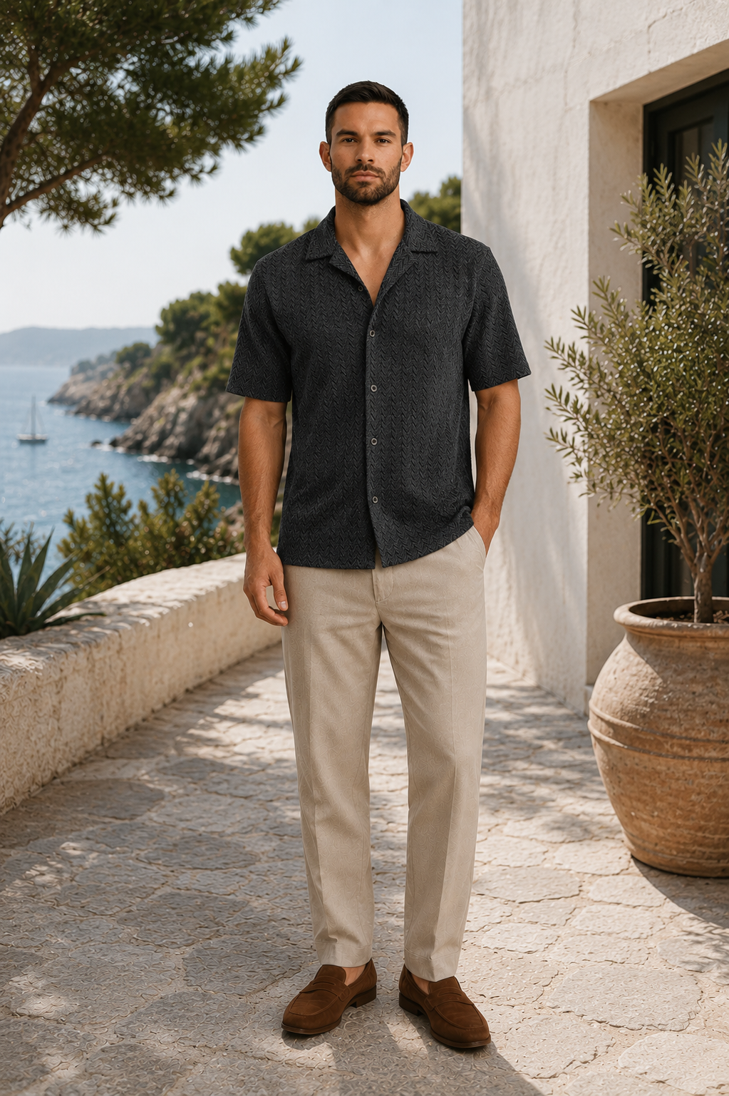 Men's Short Sleeve Shirt with Chevron Pattern