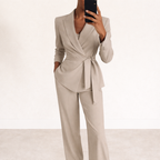 Womens V Neck Waist Tie Wrap Blazer Wide Leg Two Piece Suit