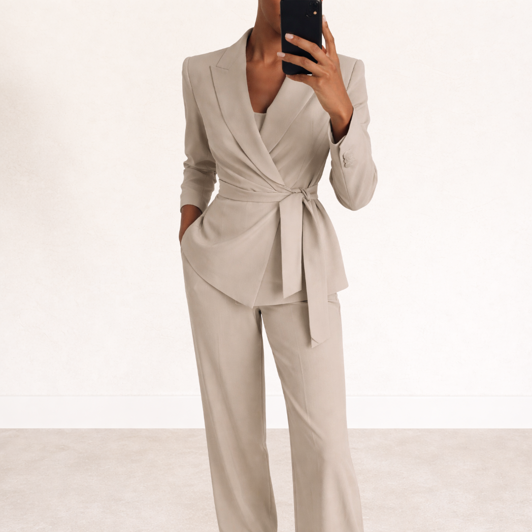 Womens V Neck Waist Tie Wrap Blazer Wide Leg Two Piece Suit