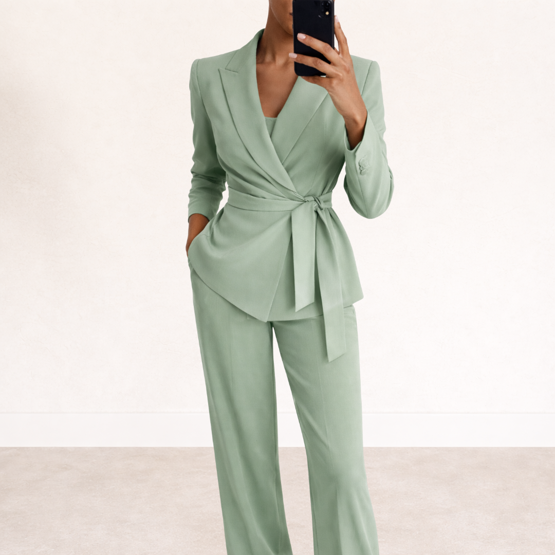 Womens V Neck Waist Tie Wrap Blazer Wide Leg Two Piece Suit
