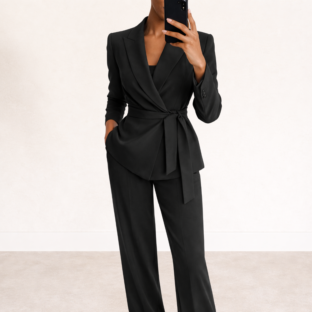 Womens V Neck Waist Tie Wrap Blazer Wide Leg Two Piece Suit