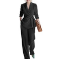 Womens V Neck Waist Tie Wrap Blazer Wide Leg Two Piece Suit