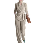 Womens V Neck Waist Tie Wrap Blazer Wide Leg Two Piece Suit