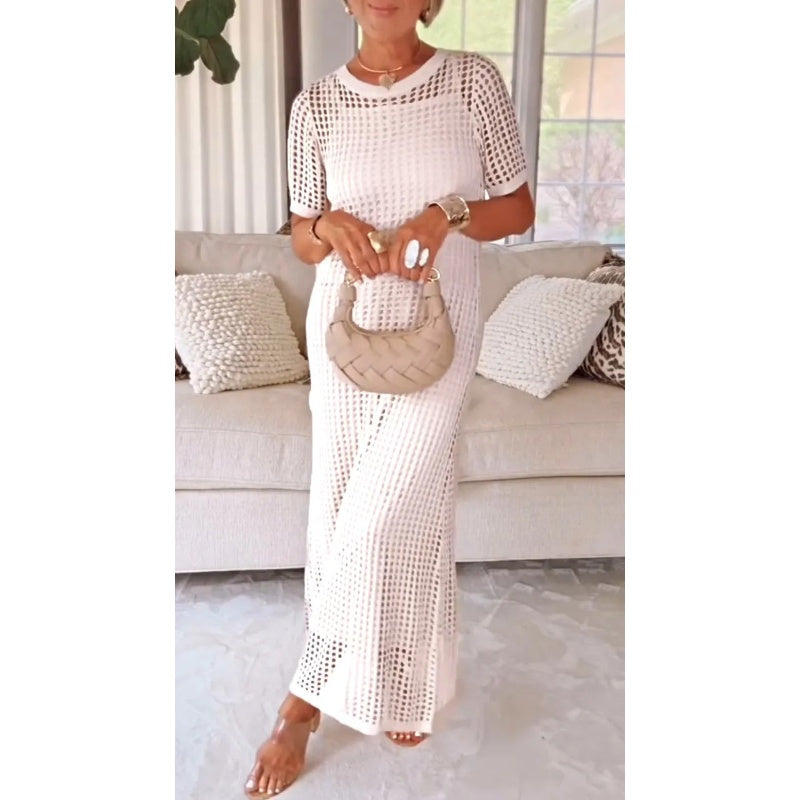 Womens Cut-Out Mesh Maxi Dress with Short Sleeves and Slip Lining