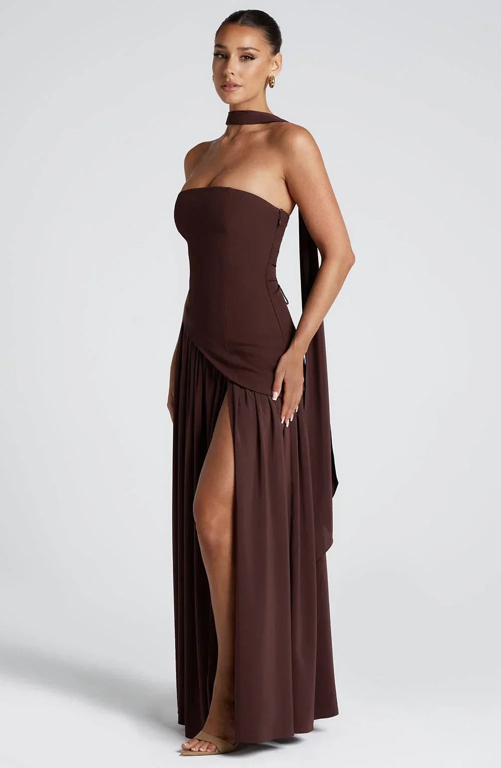 Women's Corset Maxi Dress with Thigh Split and Scarf Detail