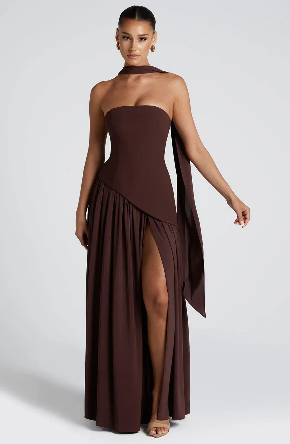 Women's Corset Maxi Dress with Thigh Split and Scarf Detail