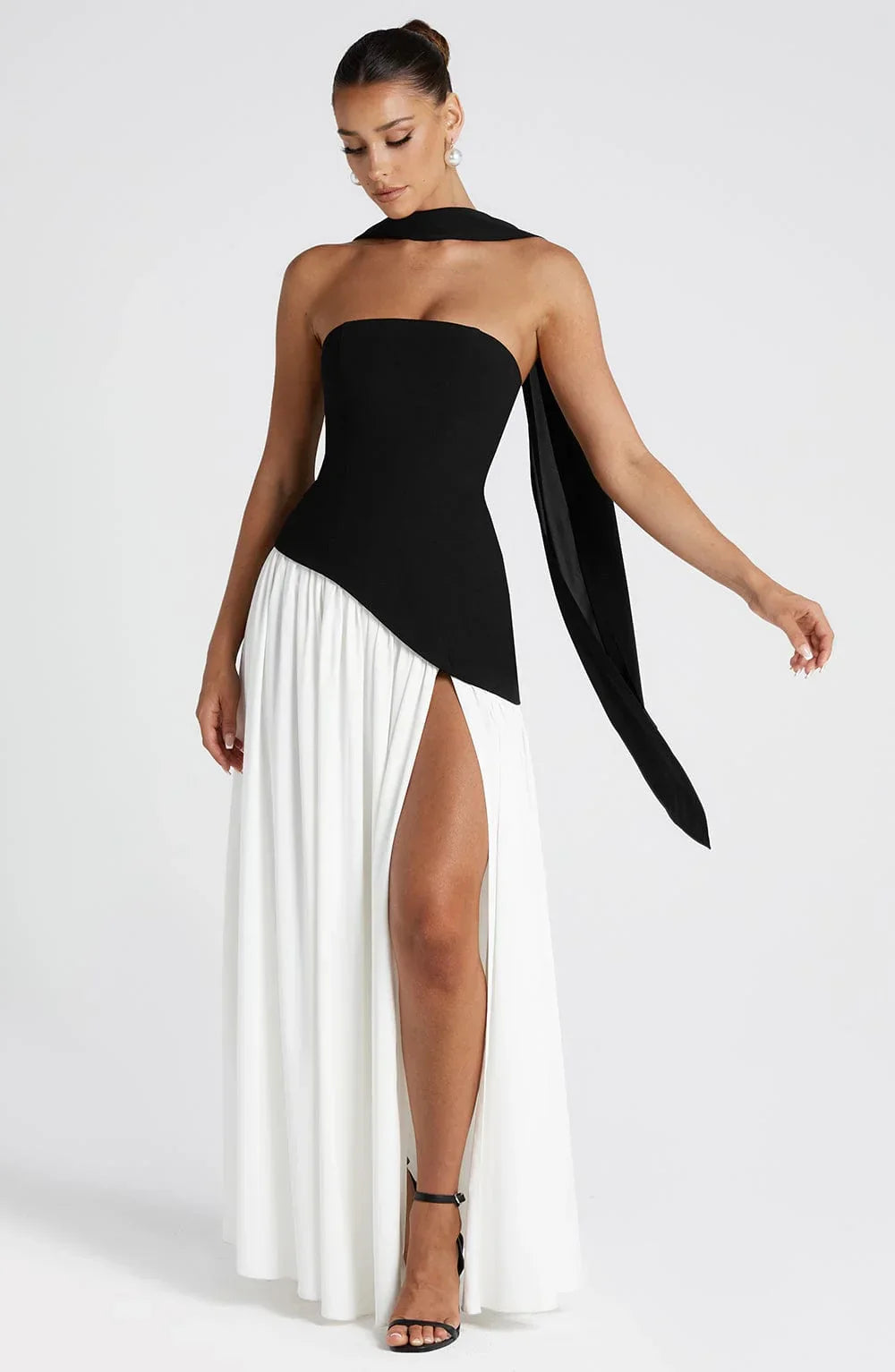 Women's Corset Maxi Dress with Thigh Split and Scarf Detail
