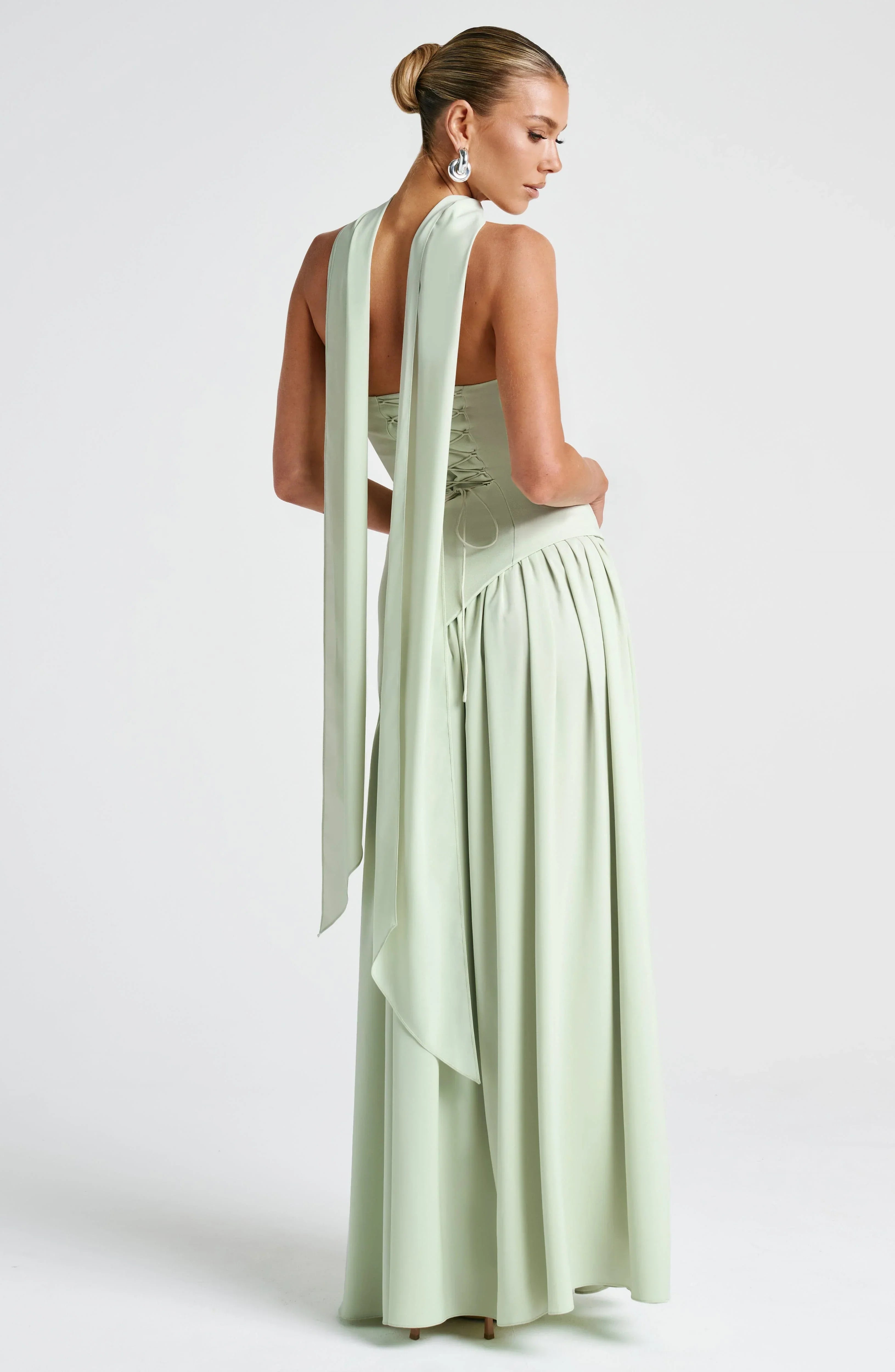 Women's Corset Maxi Dress with Thigh Split and Scarf Detail
