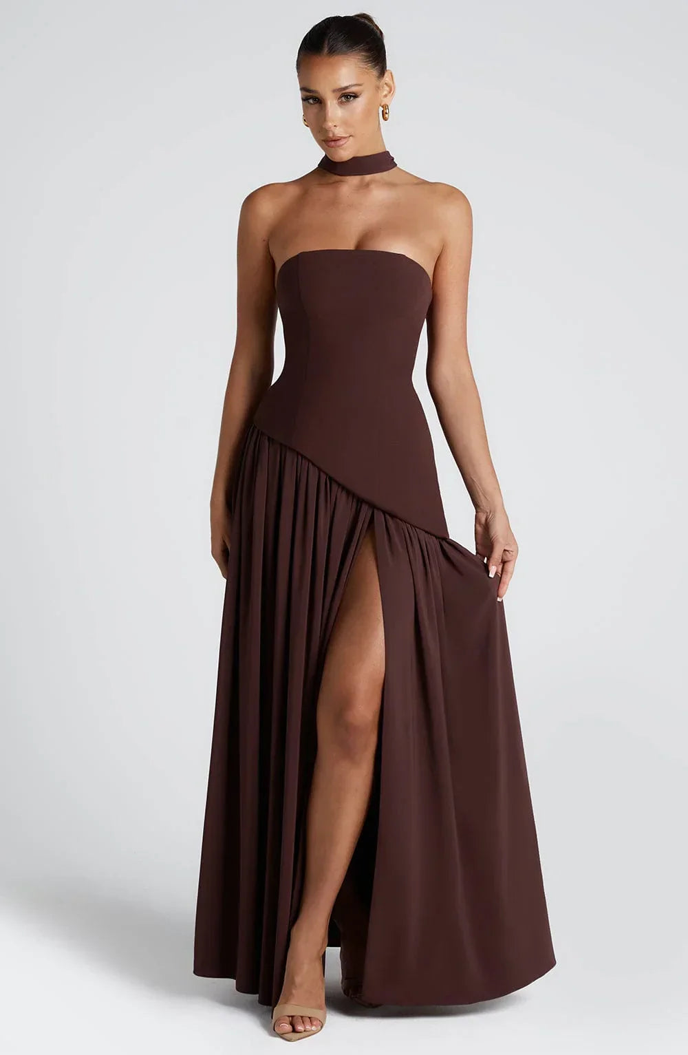 Women's Corset Maxi Dress with Thigh Split and Scarf Detail