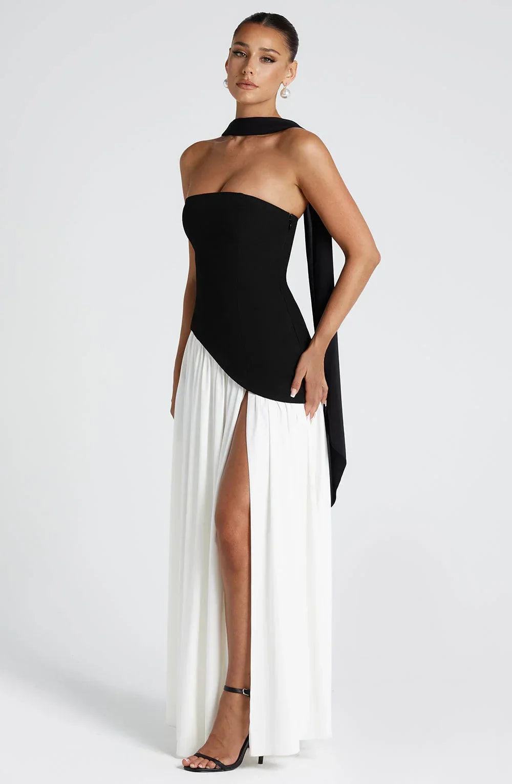 Women's Corset Maxi Dress with Thigh Split and Scarf Detail