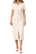 Women's Short Sleeve Button-Down Fitted Denim Midi Shirt Dress